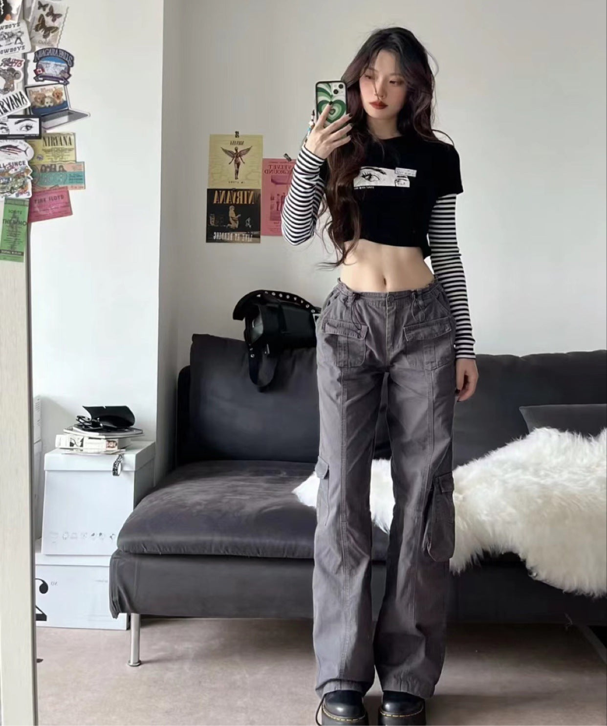 Multi-pocket American High Waist Straight Casual Pants