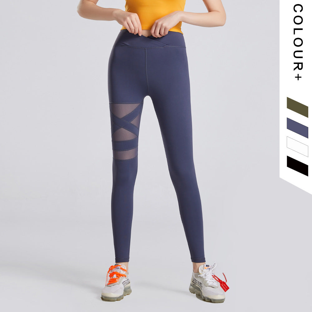 Mesh Stitching Cross Belly And Hip Lift Yoga Trousers
