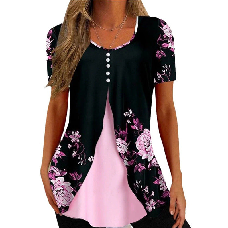 Women's Floral Print Round Neck False Two Pieces Button Short Sleeve T-shirt