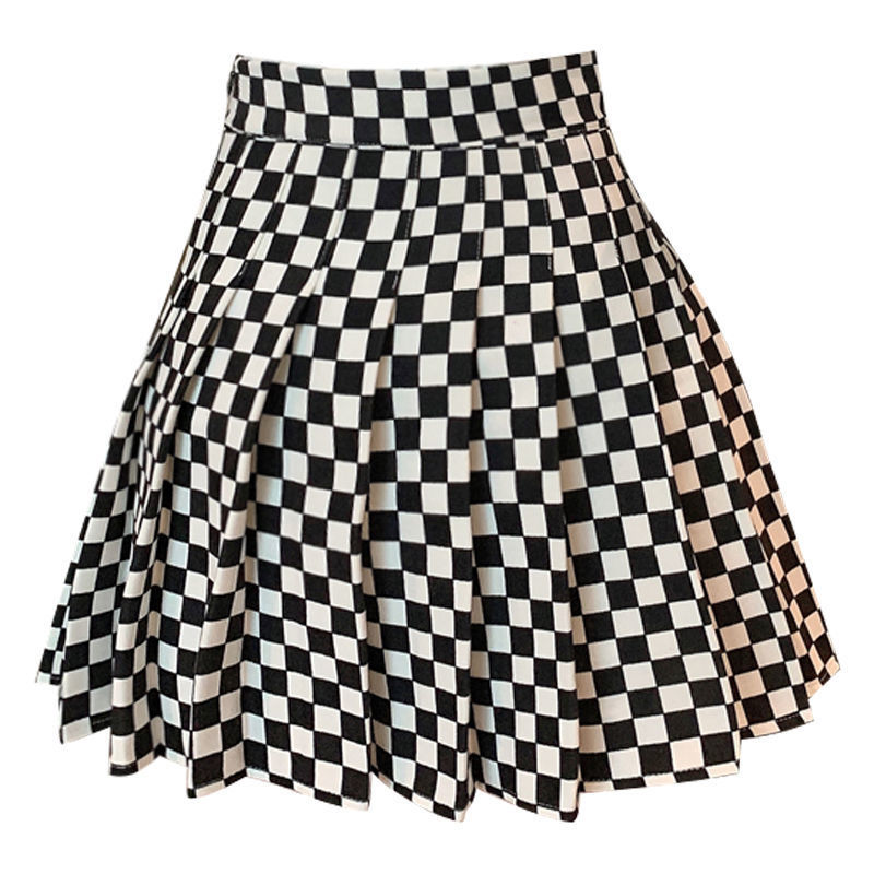 Black And White Plaid Pleated Skirt A- Line Skirt High Waist Slim Fit