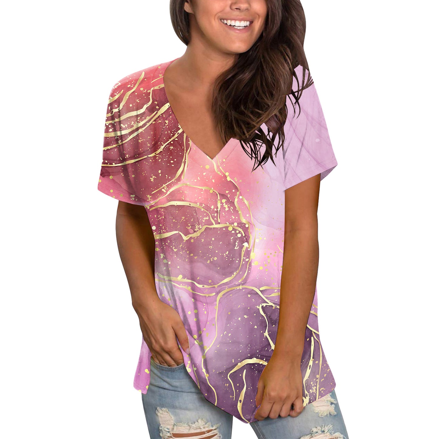 V-Neck Printed Short Sleeve Top Loose Women's