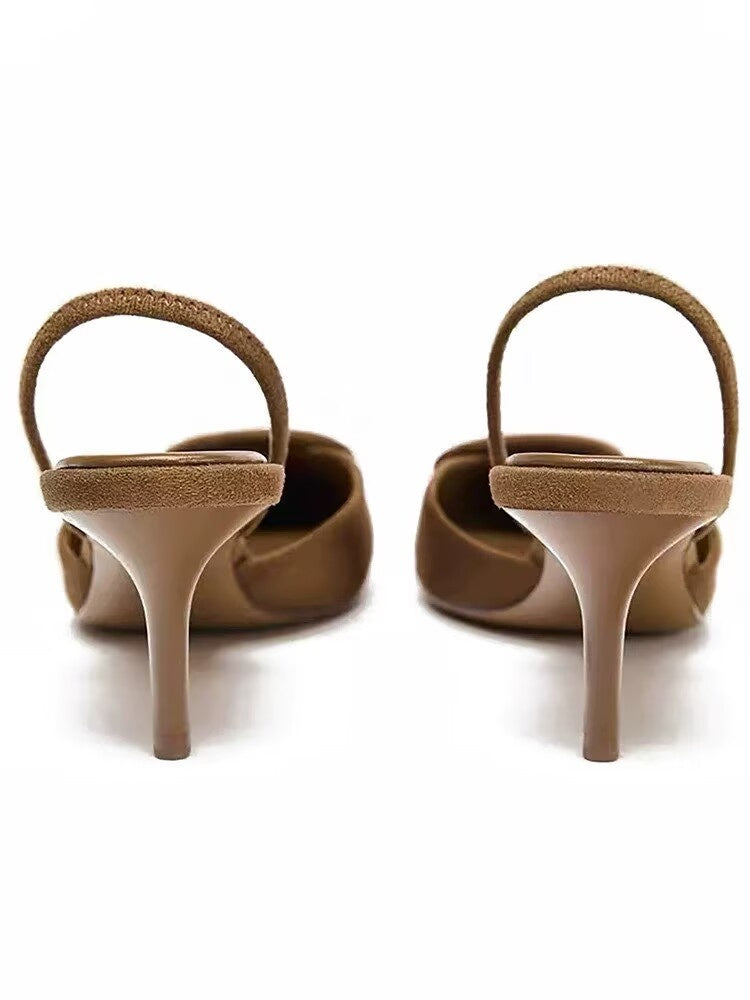 Spring New Arrival Women's Square Buckle Pointed Toe High Heels, Closed Toe Backless Mules Sandals In Brown