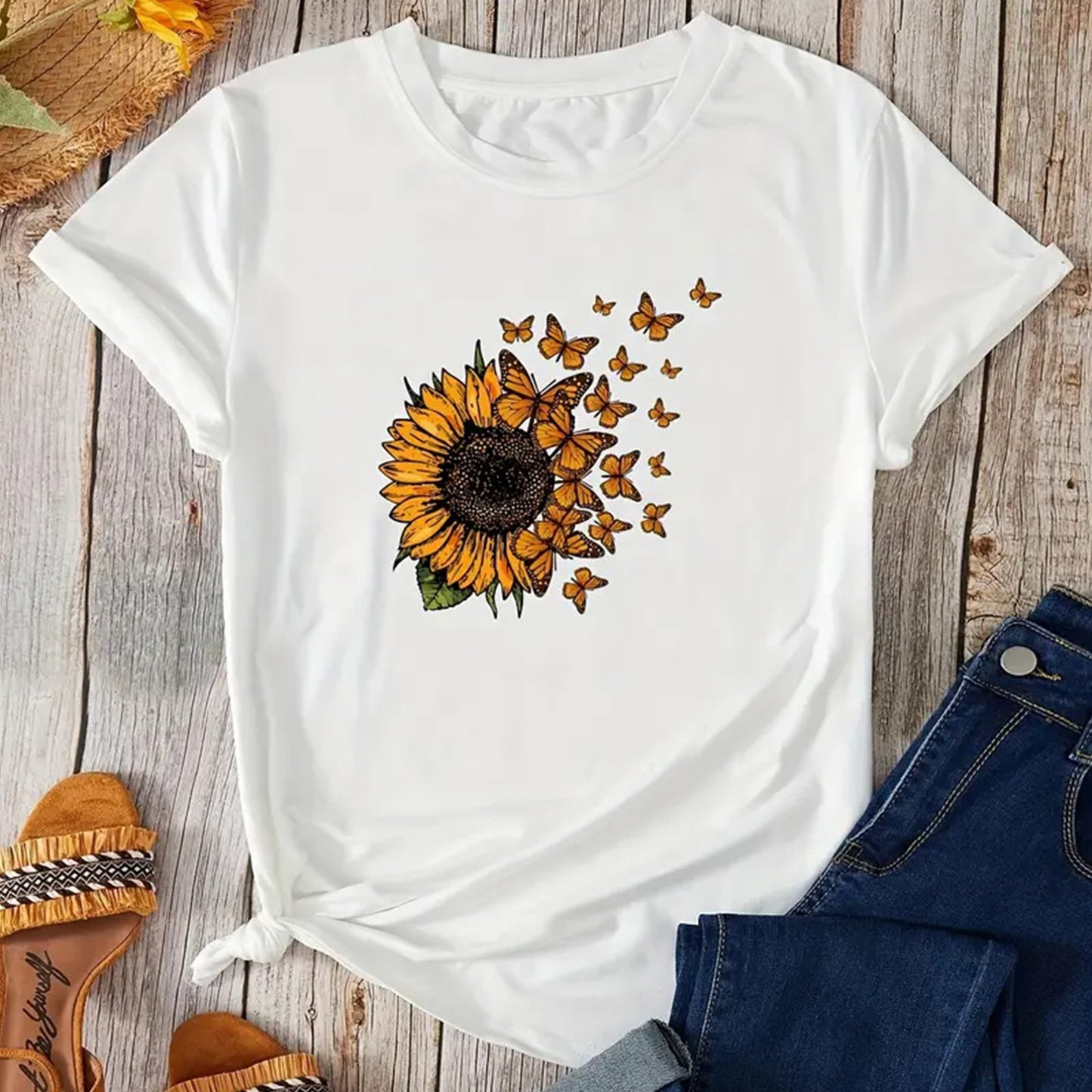 Women's Sunflower Butterfly Print Pullover Round Neck Short Sleeve