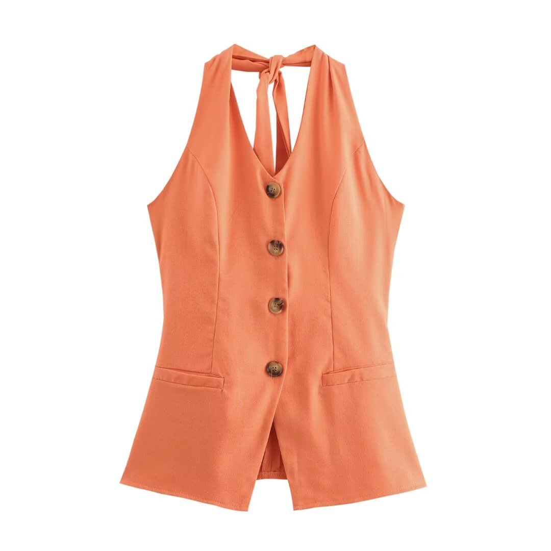 Classic Style Cotton And Linen Halterneck Vest Suit Women's Summer High-grade Trousers