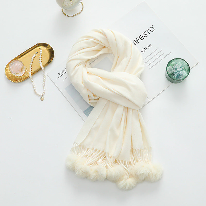 Versatile New-Style Womens Cape With Pompoms Cashmere And Wool Scarf