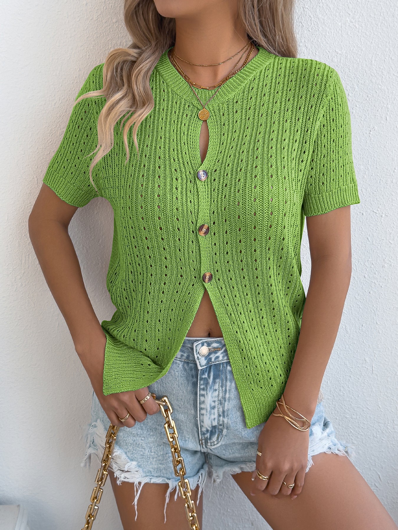 Solid Color Hollow-out Button Short Sleeve Knitted Women's Top