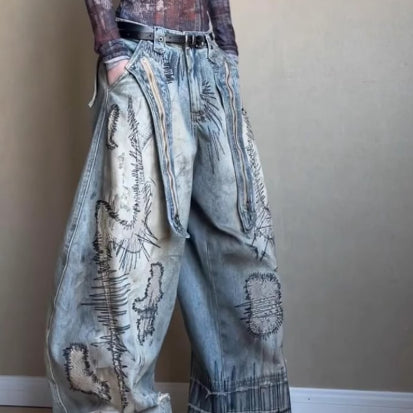 Plus Size Street Men's Random Needle Embroidery Stain Jeans