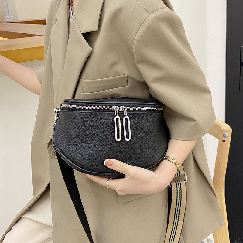 New Double Zipper Leather Messenger Bag