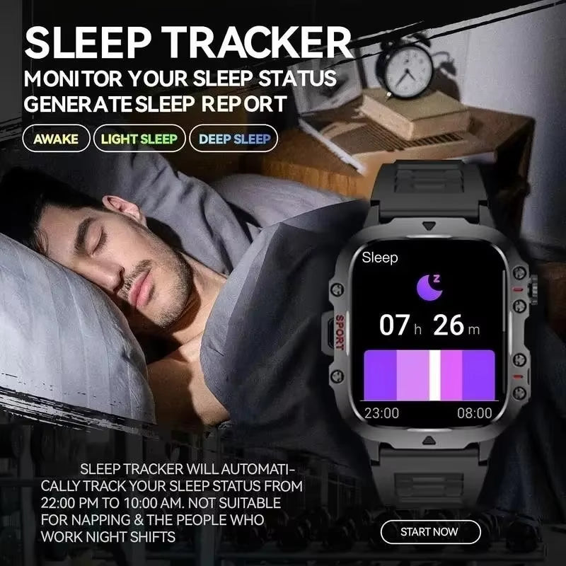 2025 Rugged Military Smart Watch Men'S Outdoor Watch 2.01" HD Touch Screen Voice Bluetooth Call Smartwatch