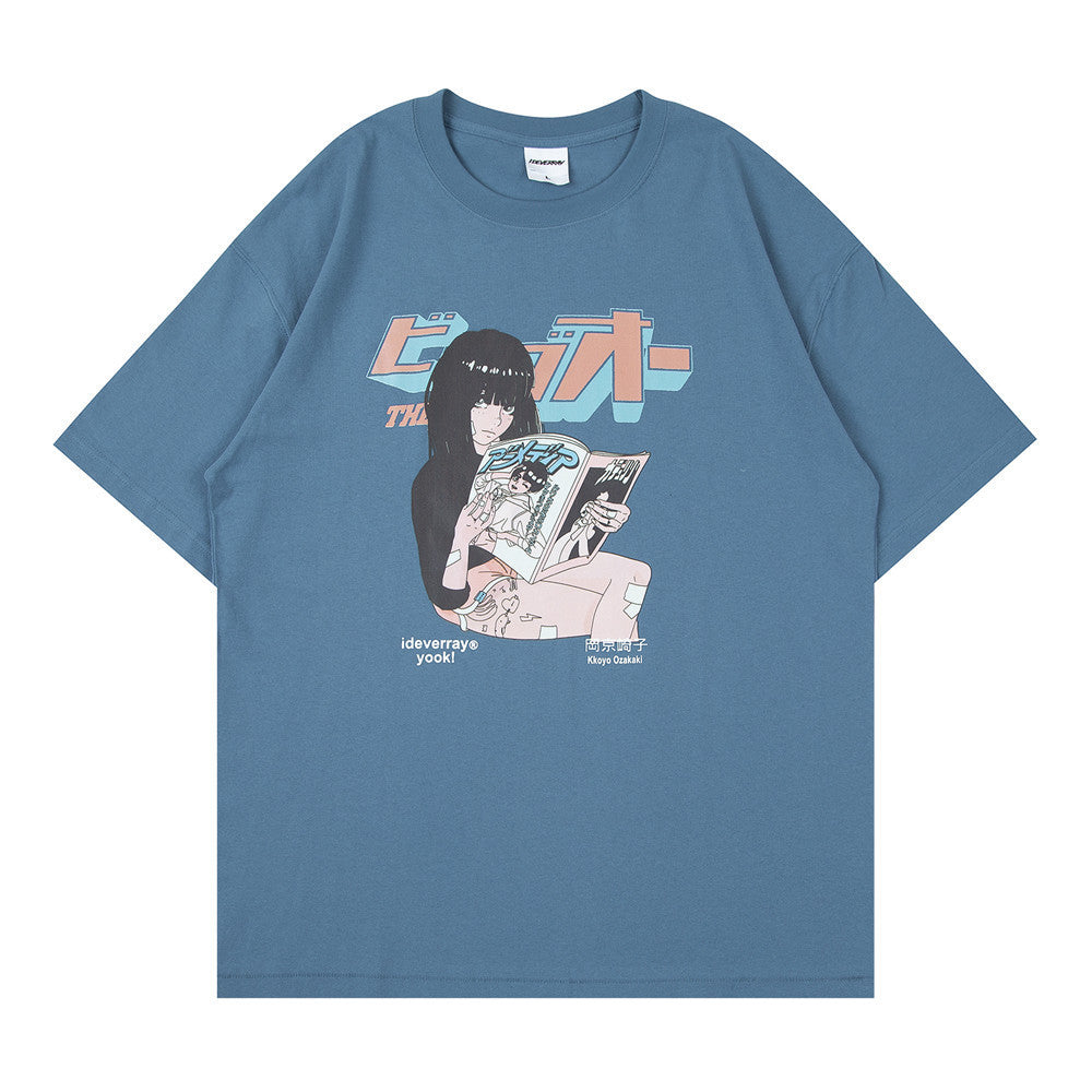 Loose Crew Neck Cartoon Print Short Sleeves