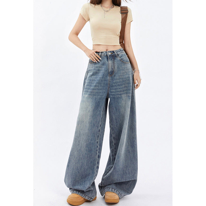 Højtaljede vide ben jeans til kvinder - baggy lige bukser