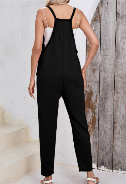 Black Side Pockets Harem Pants Sleeveless V Neck Jumpsuit