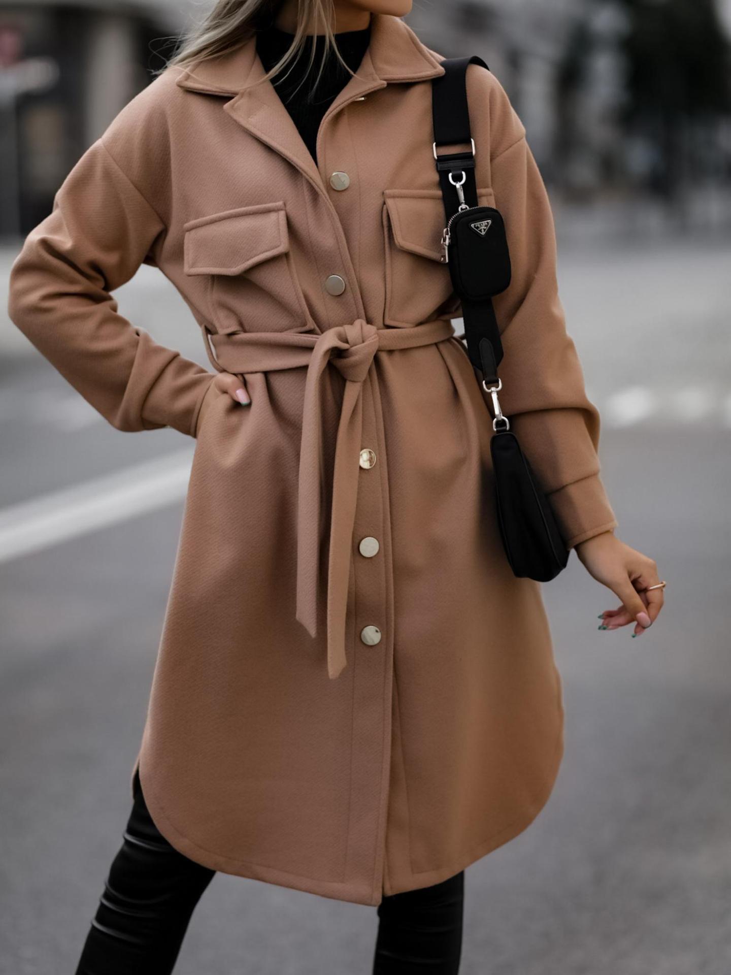 Solid Color Lace Long Sleeve Woolen Coat