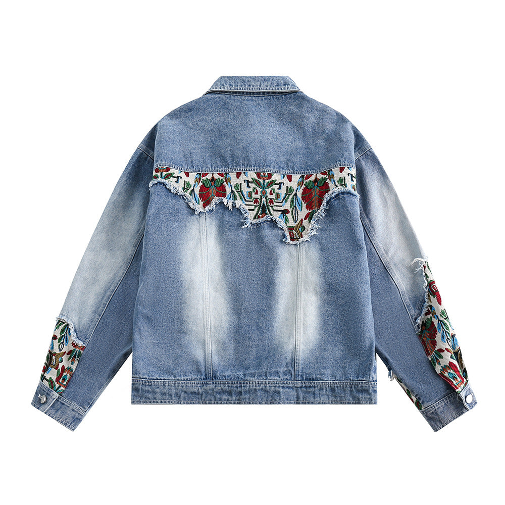 Stitching Embroidery Frayed Hem Denim Jacket Men