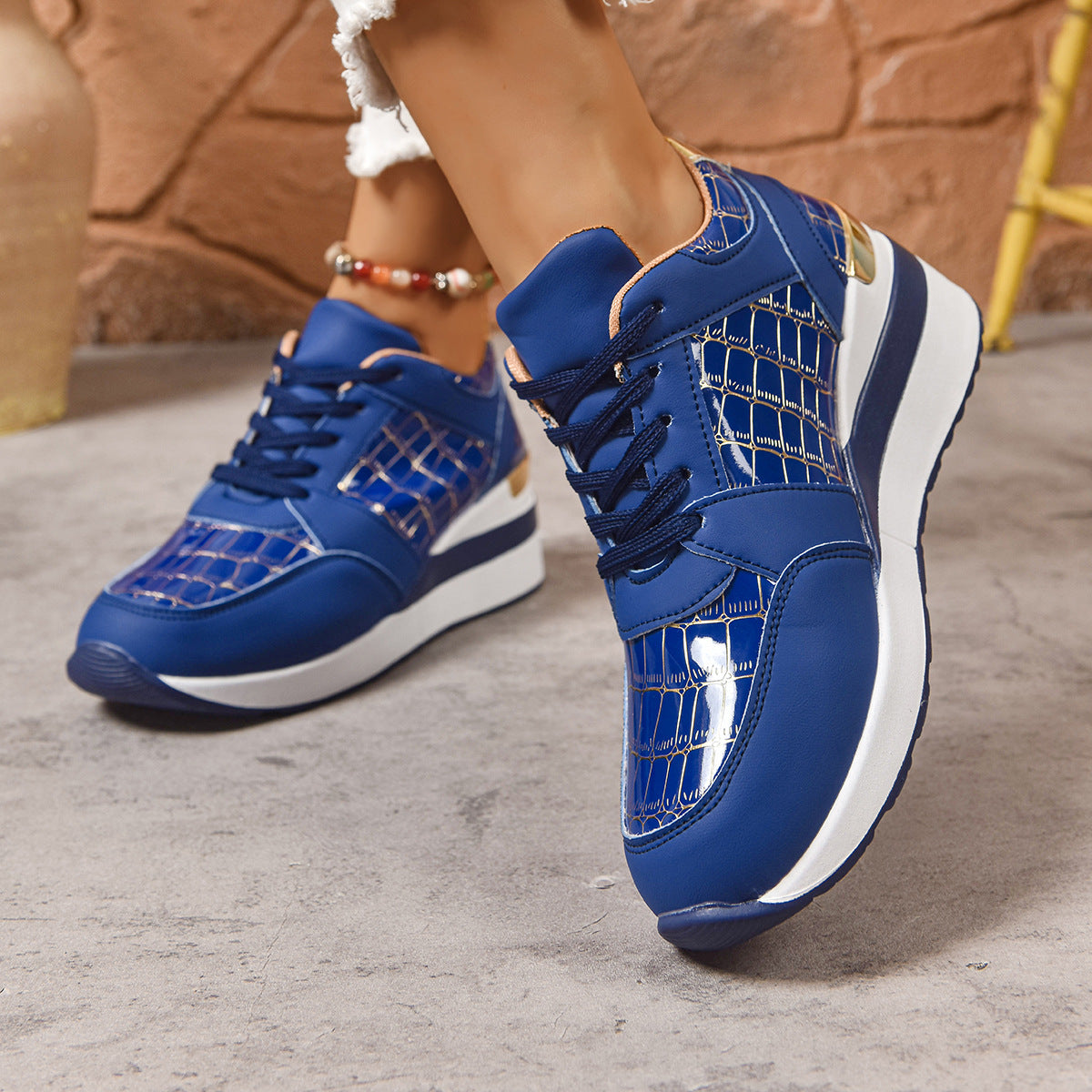 Women's Casual Plus Size Lace Color Block Wedge Sneaker