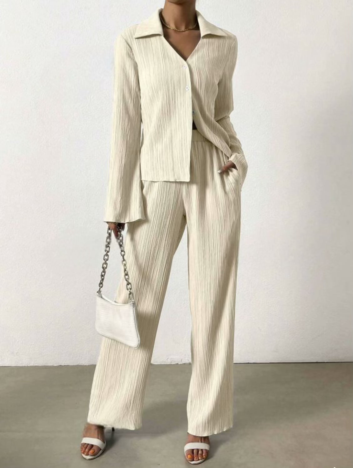 Solid-color Pleated Fashion Long-sleeve Shirt And Wide-leg Pants Casual Set