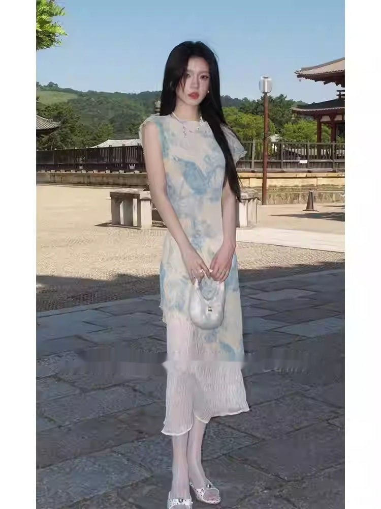 New Chinese-style Cool Blue Printed Stretchy Asymmetrical Sleeveless Tank Dress