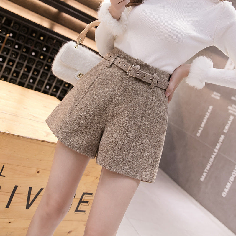 Women's High-waisted Wide-leg Woolen Shorts