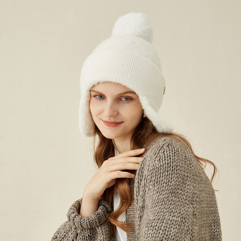 Women's Hair Ball Cone Warm Ear Protection Solid Wool Casual Pullover