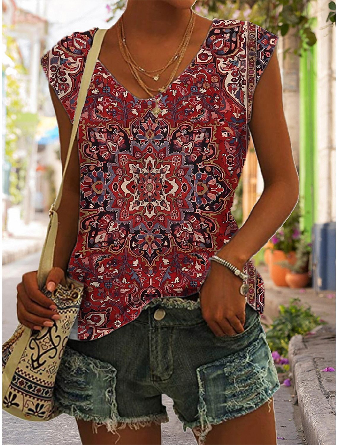 3D Digital Printing Basic Sleeveless V-neck Women's Vest Short Top