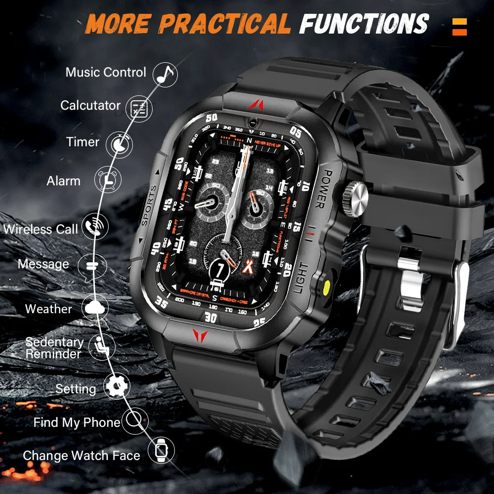 2025 New Men Smart Watch LED Flashlight BT Call 100+ Sports Modes Health Monitoring IP68 Waterproof Outdoor Smart Watch