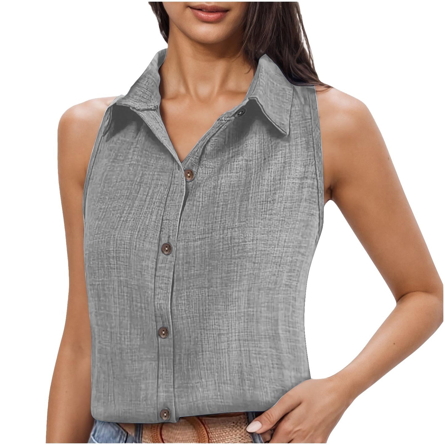 Lapel Cotton Linen Button Sleeveless Shirt Women's Clothing