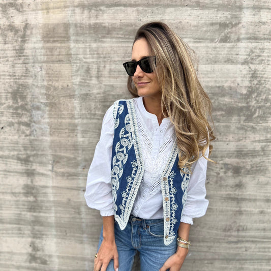 Embroidered Denim Vest Waistcoat Jacket Top