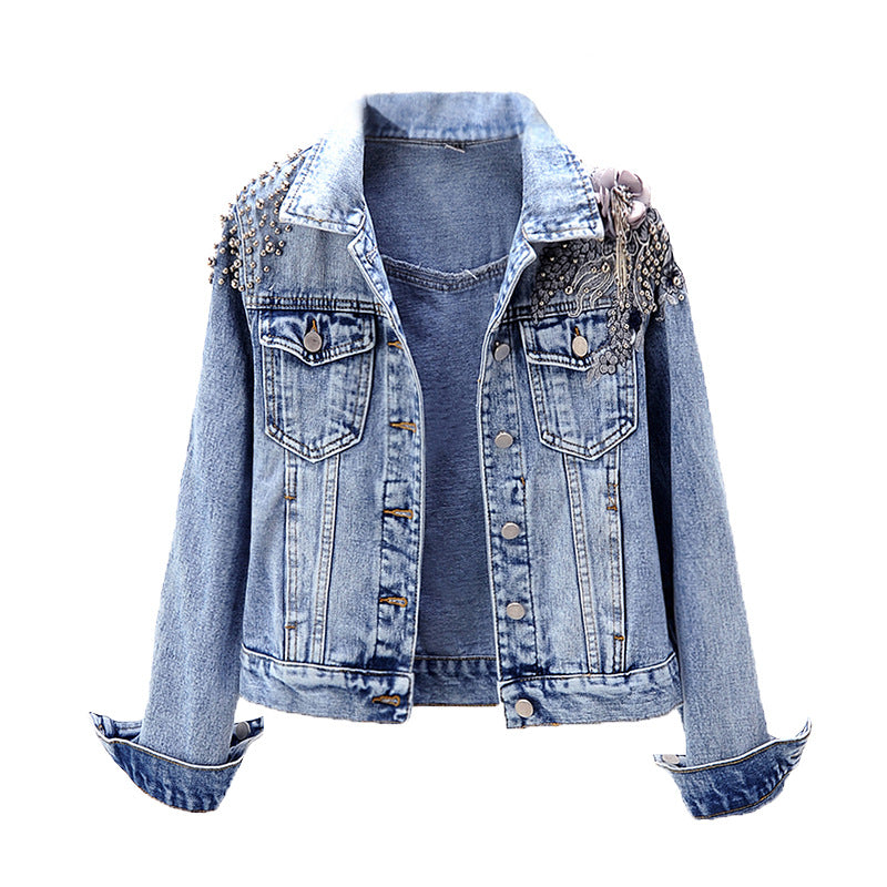 Jaqueta jeans de manga longa com flores bordadas pesadas