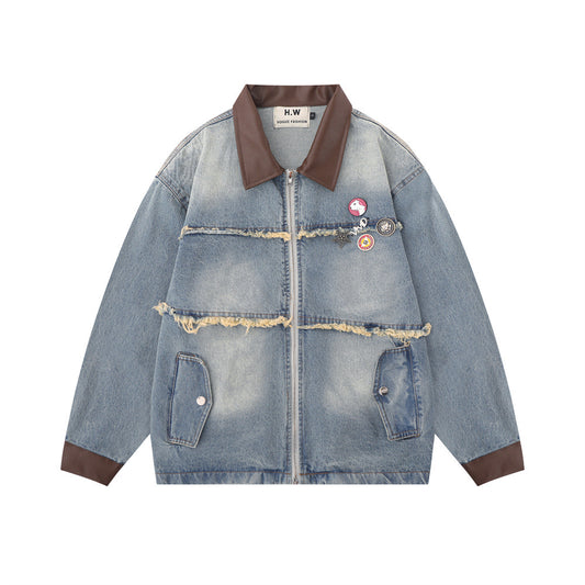 European And American Fashion Loose Contrast Color Lapels Washed And Worn Denim Jacket