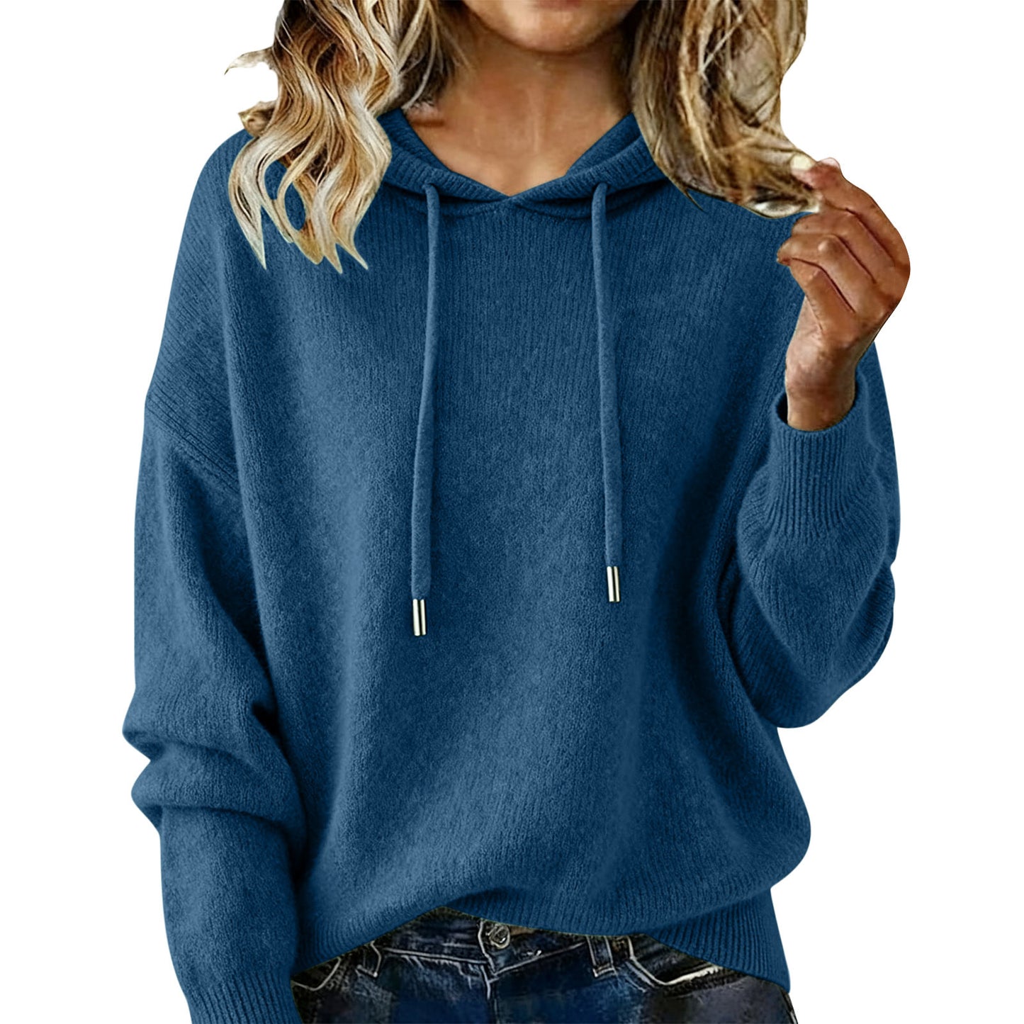 Womens Fashion Solid-color Loose Soft Hoodie With Drawstring