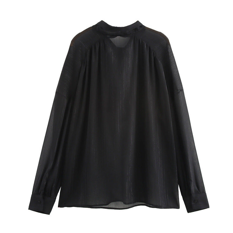 European And American Fall Women's Clothing New Loose Black Bow Collar Long Sleeve Shirt