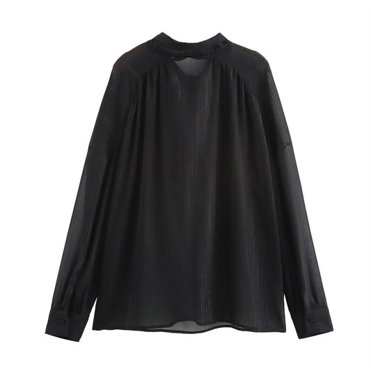 European And American Fall Women's Clothing New Loose Black Bow Collar Long Sleeve Shirt