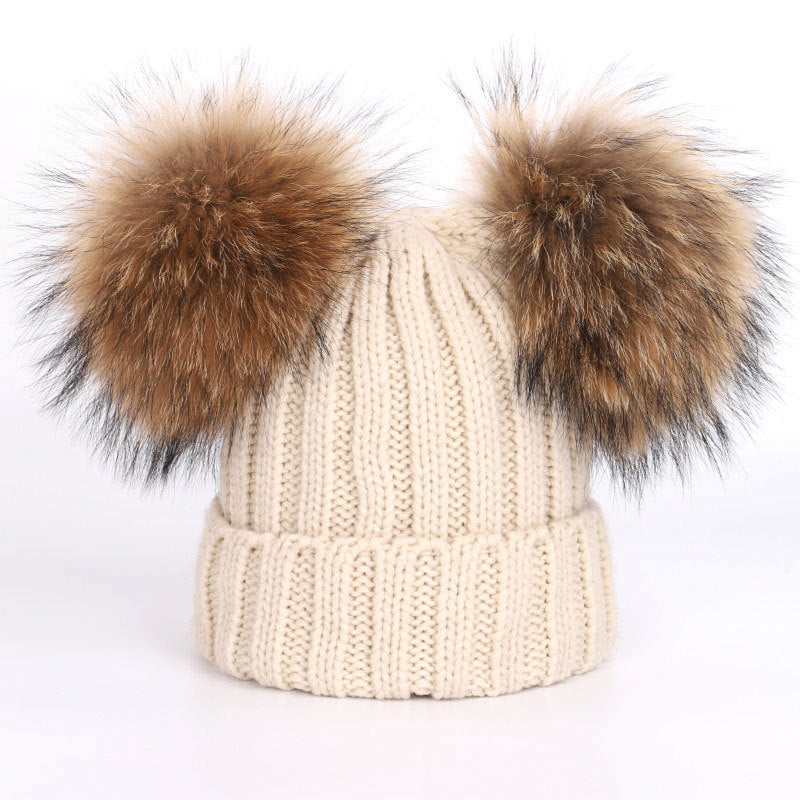 Men's And Women's Thickened Raccoon Fur Ball Knitted Ear  Set