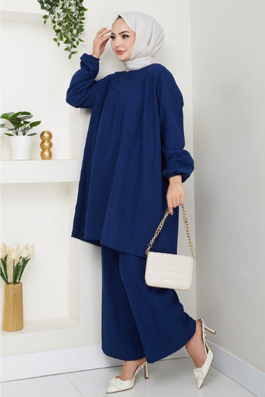 Solid-color Casual Loose-fitting Crew-neck Long-sleeve Wide-leg Pants Set