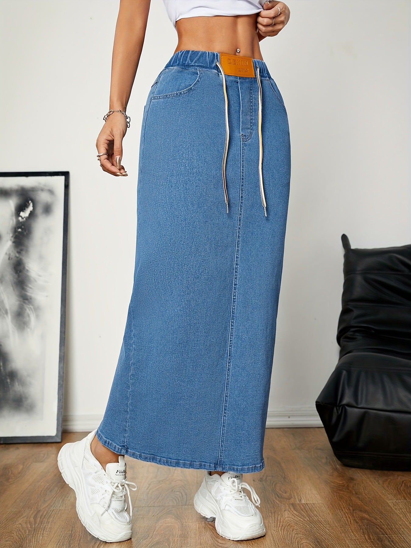 Womens A-line Denim Skirt With A Drawstring Waist For A Snug Or Loose Fit