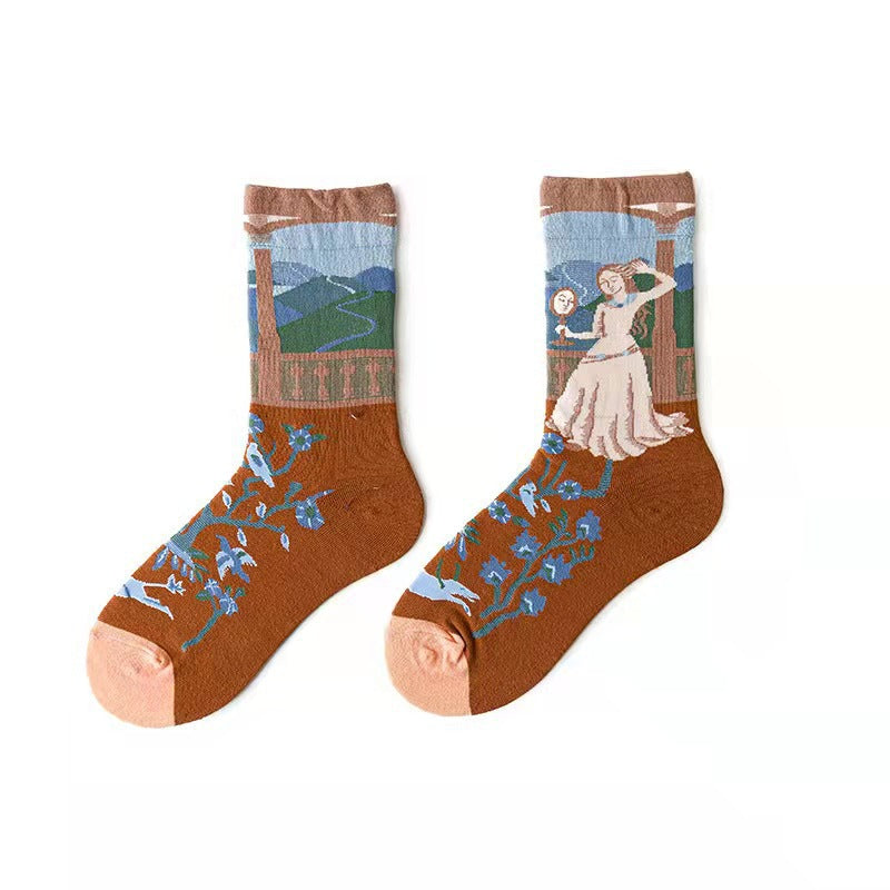 Trendy Mid-calf Length Socks Preppy Style Stockings Artistic Illustration Socks