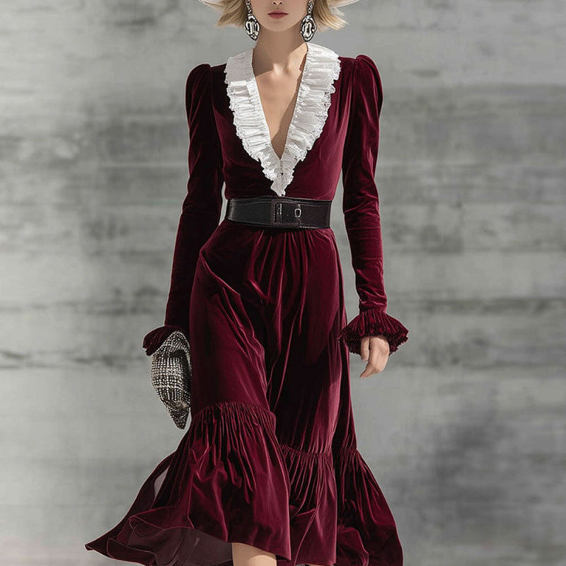 V-neck Contrast-Color Slim-Fit Elegant Long-Sleeve Mermaid Dress For Women