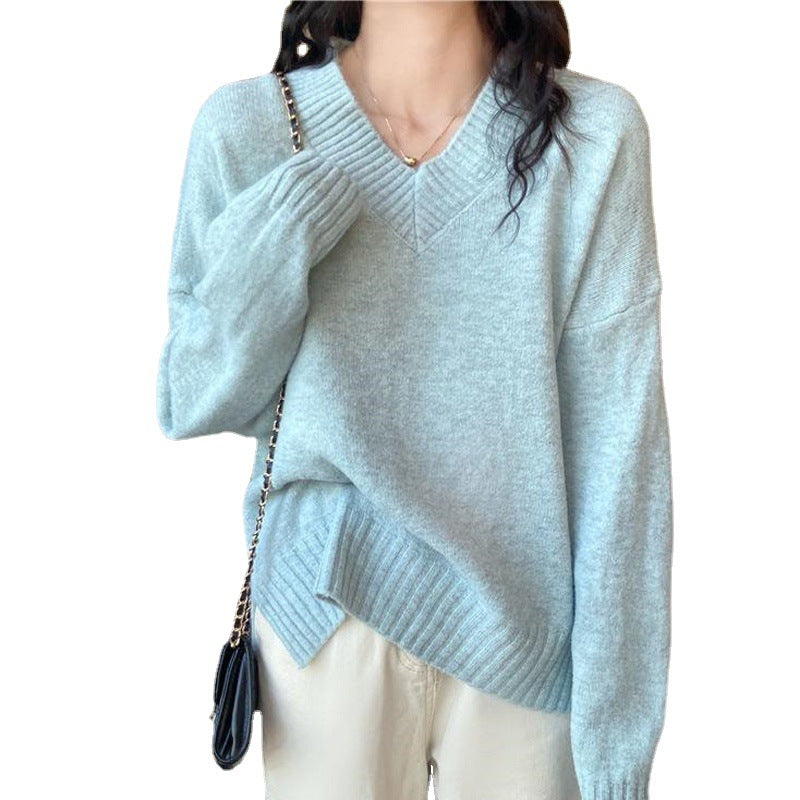 Cotton Cashmere Casual Laid-back Style V-neck Pullover Sweater