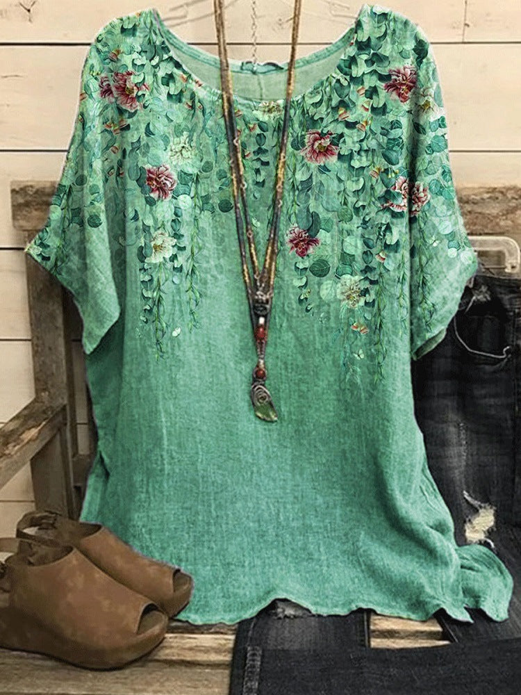 Women's Casual Loose Fashionable Short-Sleeve Printed Crew-Neck Top
