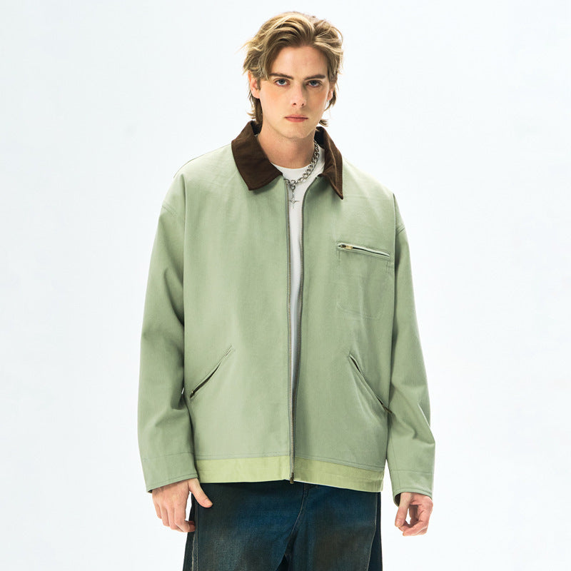 Contrast Color Washed Polo Collar Jacket Men