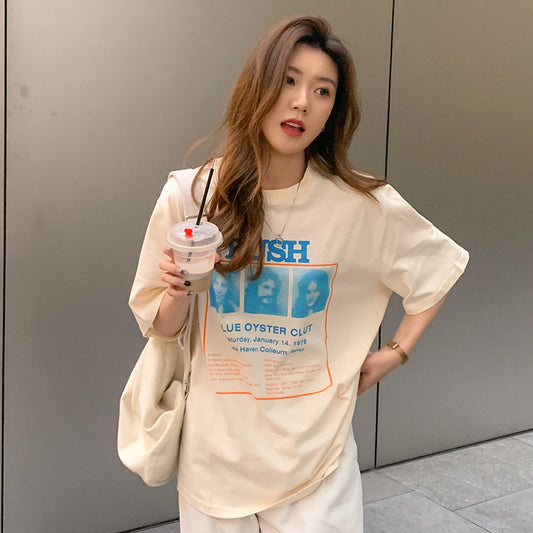 Summer Letter Character Print Loose Mid-length Short-sleeved T-shirt Schoolgirl Bottoming Shirt Top Fashion