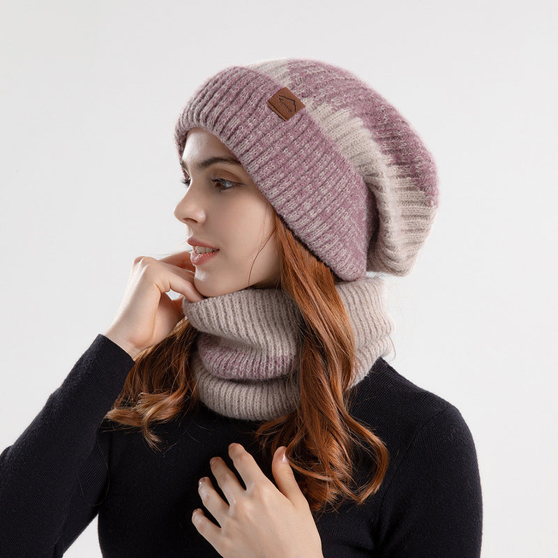 Knitted Hat Suit With Scarf Winter Two-color Hat And Thick Warm Earflaps Wool Scarf 2pcs