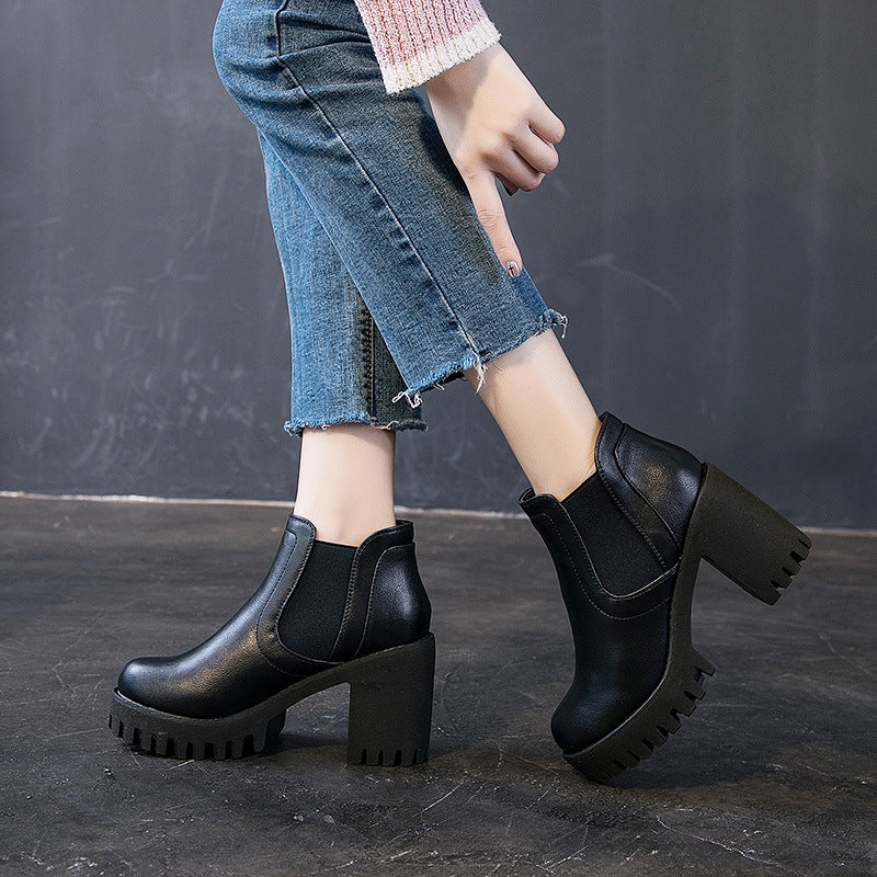 British All-match Leather Shoes Thick Heel Women's Casual High Heels