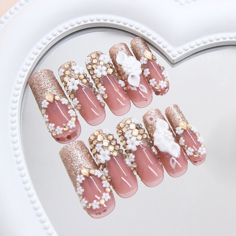 French  Gold Pile Rhinestone Fake Nail Patch Detachable
