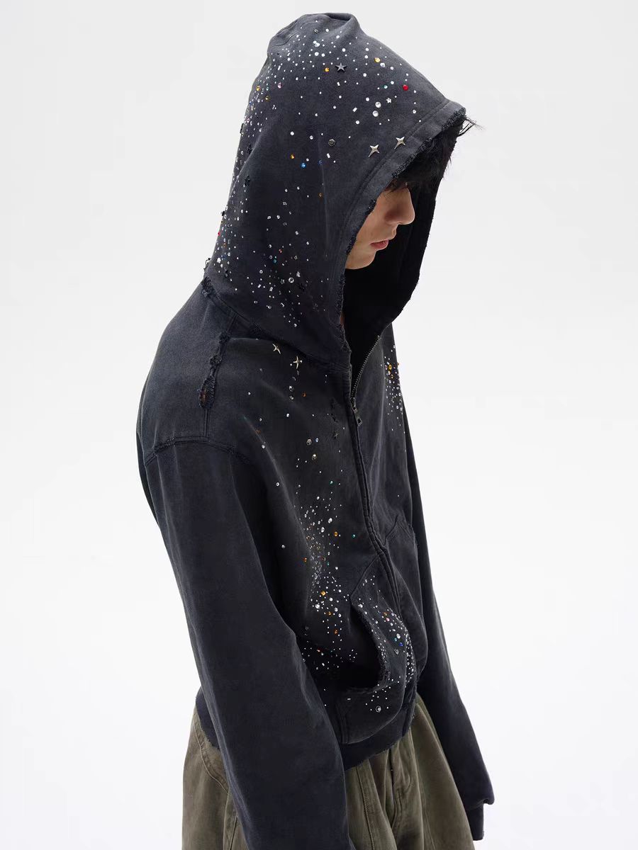 Men's Retro Rhinestone Zipper Hoodie Coat