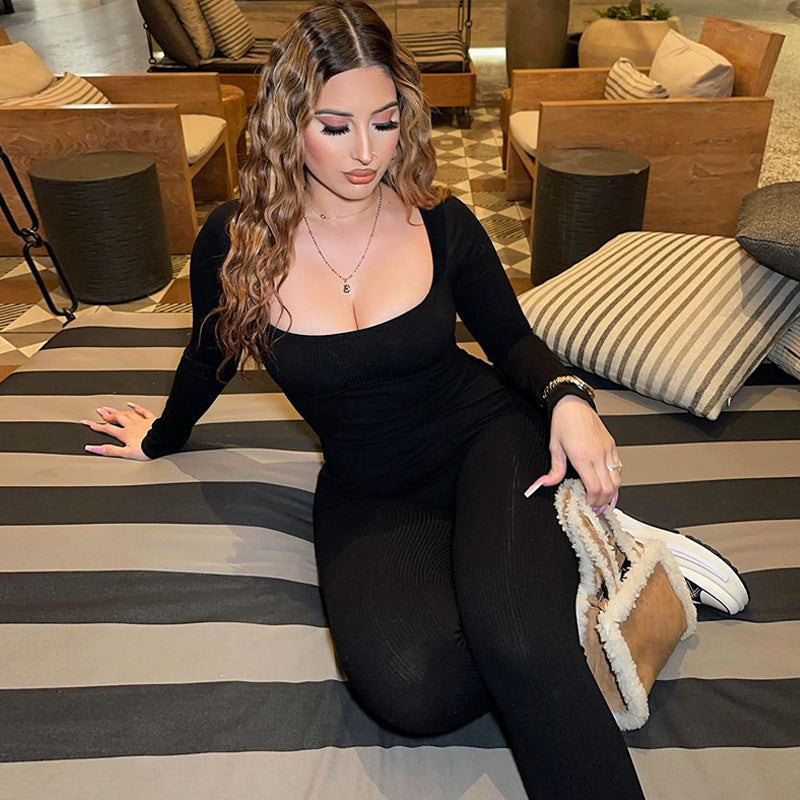 Fashion Backless Lace Up Slim Fit Long Sleeve Jumpsuit