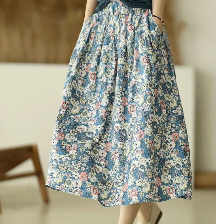 High Waist Retro Printed A- Line Loose Floral Skirt