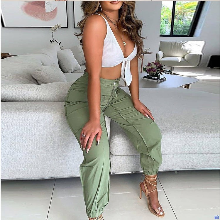 Cross-Border New Product Amazon Wish Casual Pants Waist Elastic High Waist Women's Trousers Solid Color Overalls