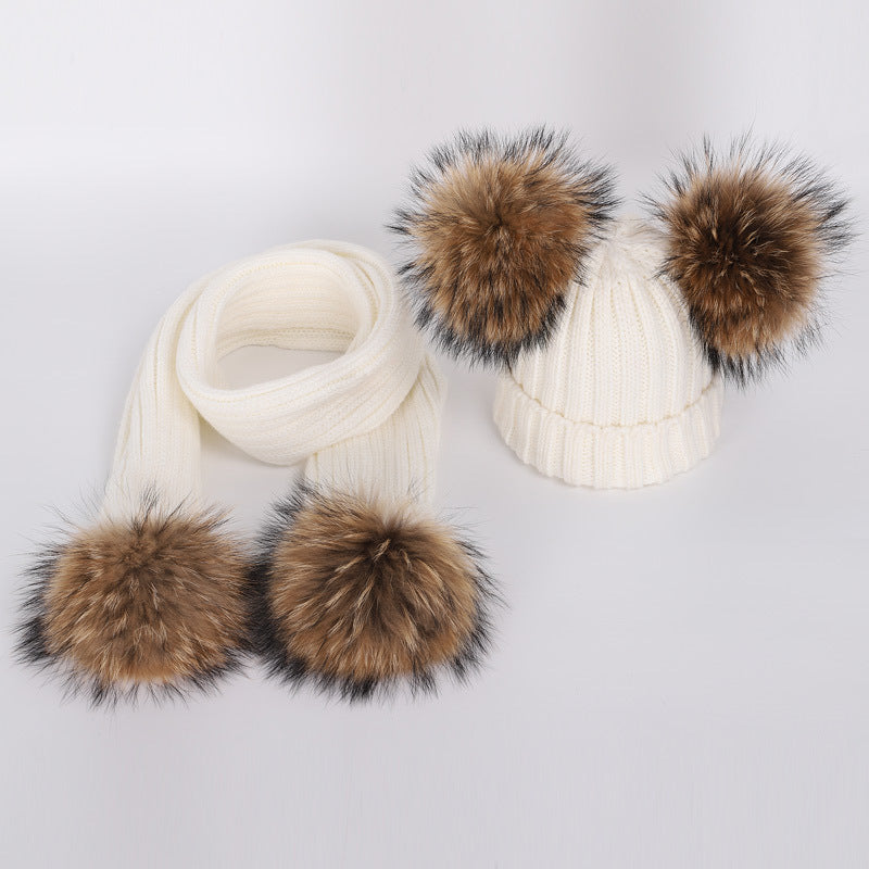Men's And Women's Thickened Raccoon Fur Ball Knitted Ear  Set