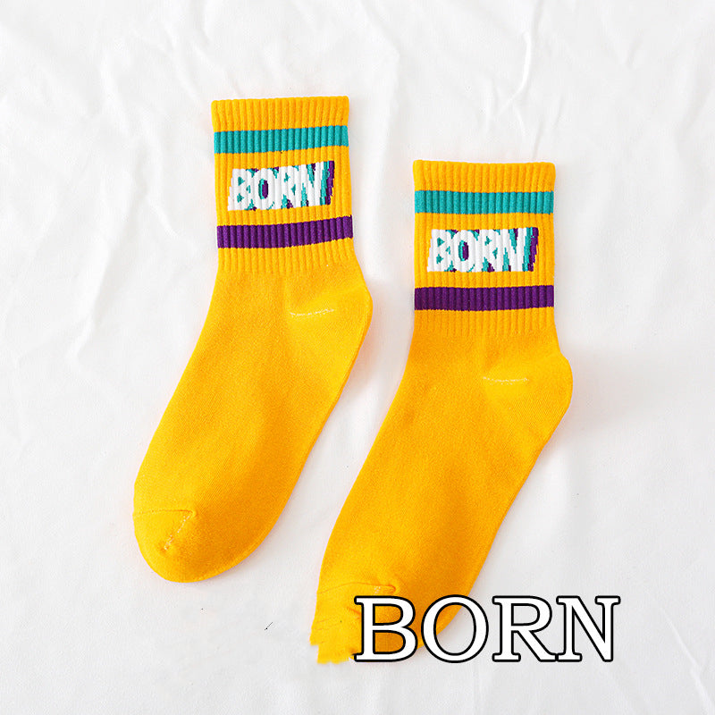 Spring And Autumn Ladies New Mid-calf English Letters Wide Stripe Combination Ins Trend Athletic Socks Combed Cotton Women's Socks Manufacturer
